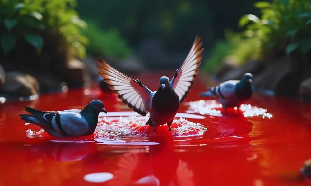 275 Pigeons Dive Into A Pond Filled With Red Glue